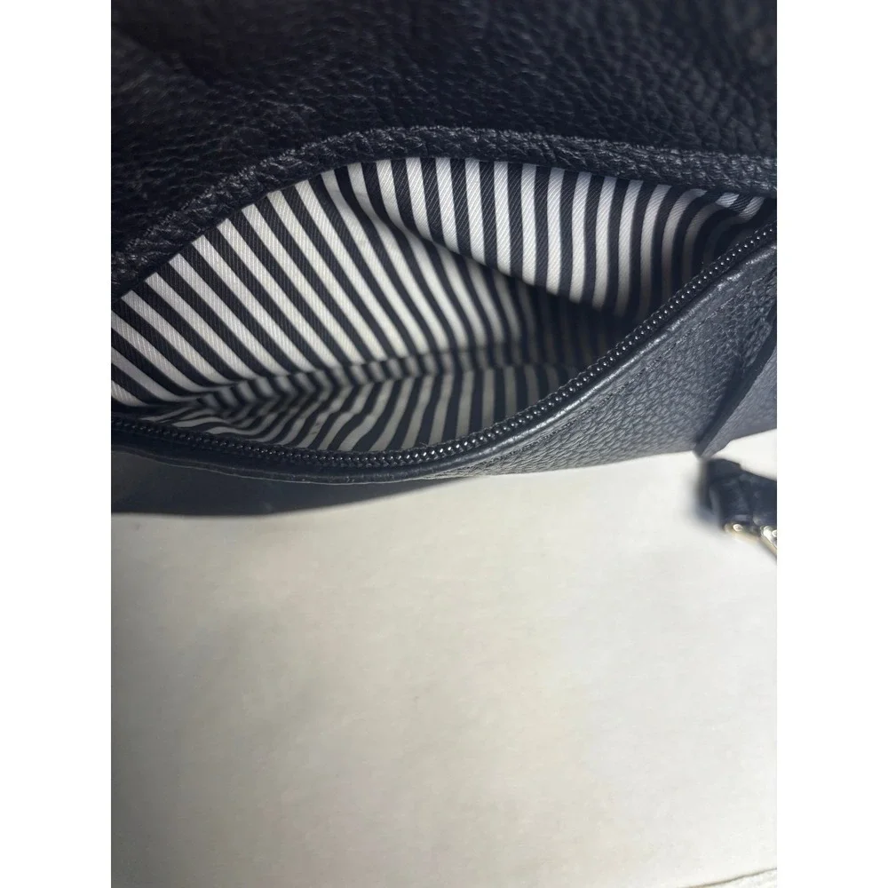 Kate‎ Spade Black Pebbled Leather Hobo Shoulder Bag Gold Logo Striped Lining
